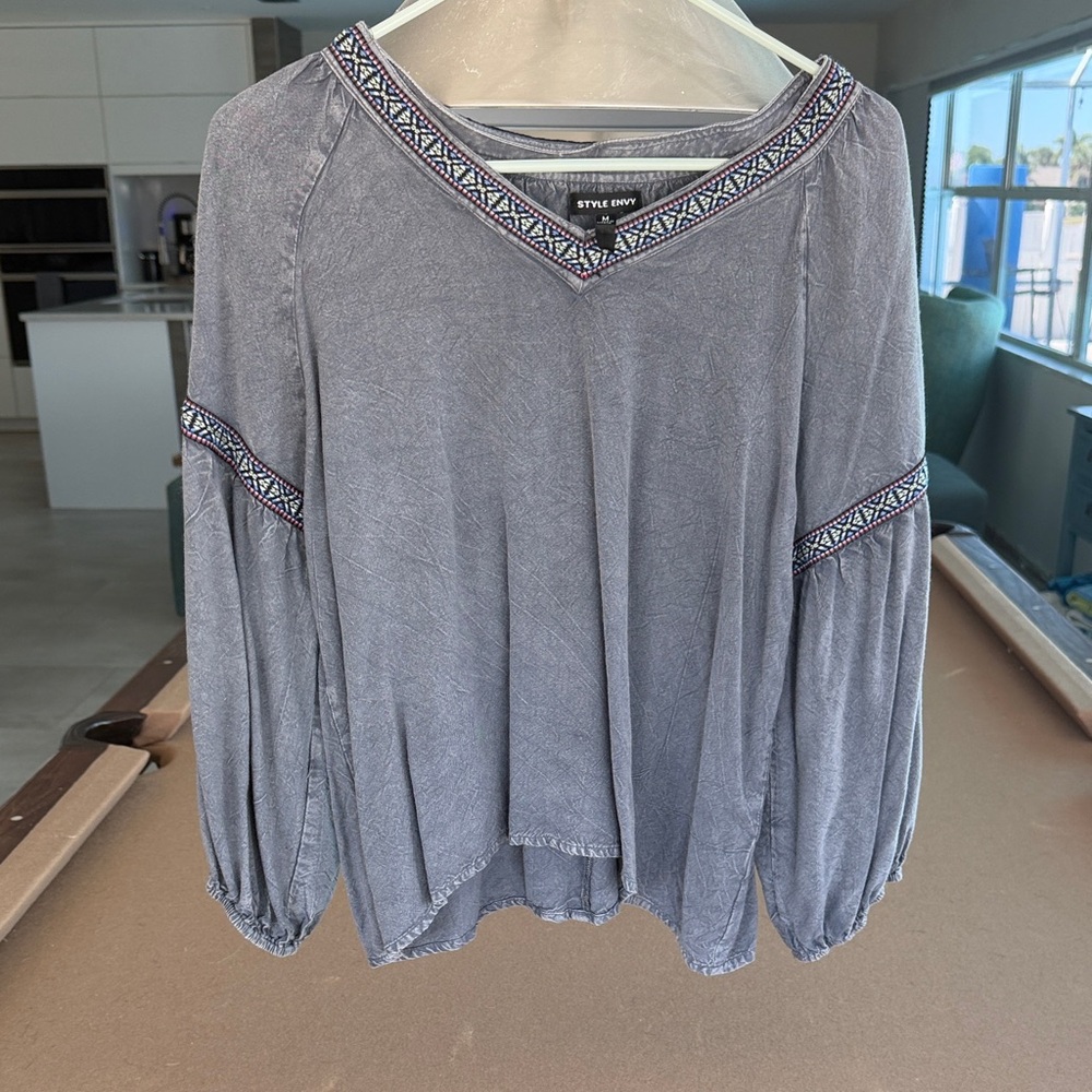 Style Envy Women's Blue Blouse with Patterned Trim